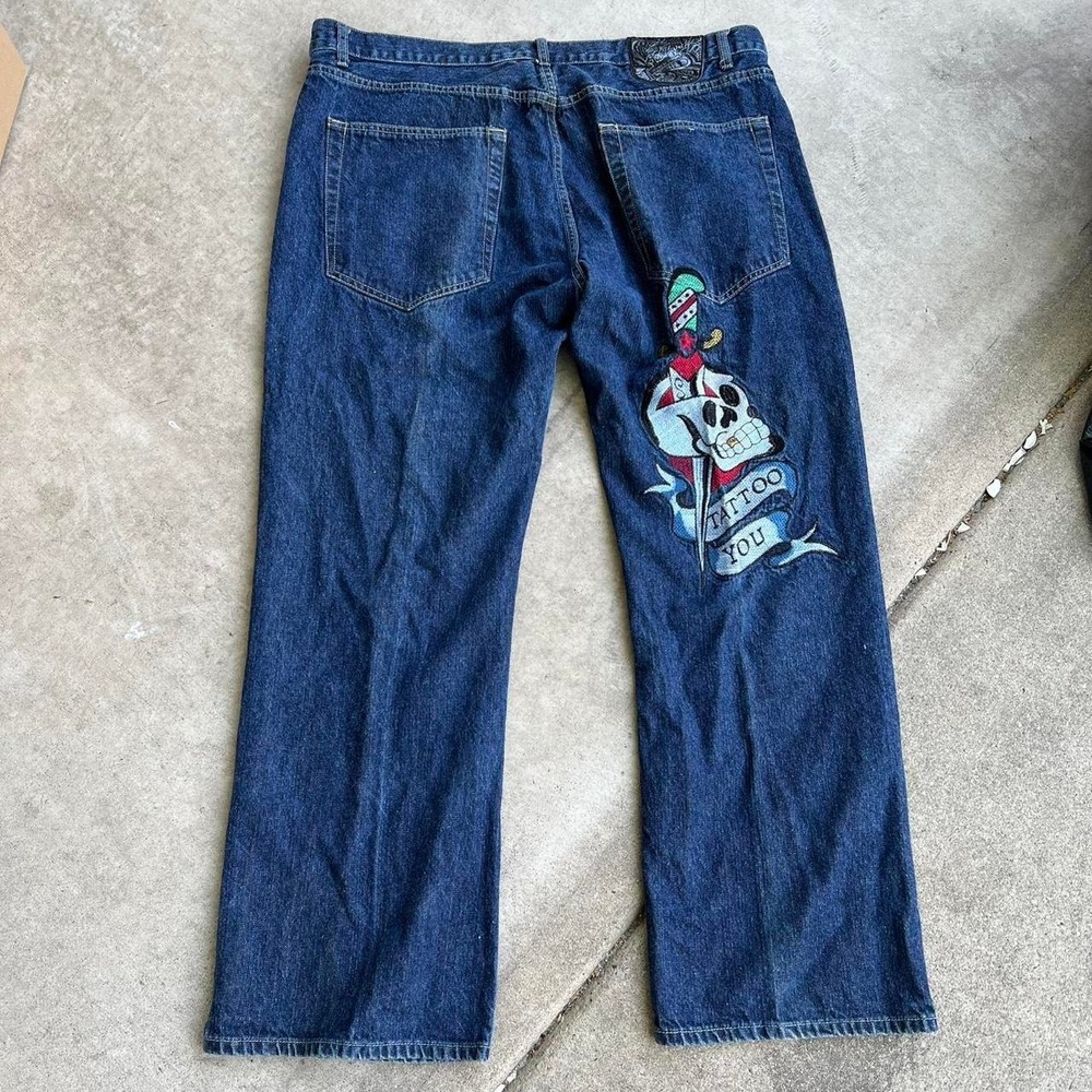 Rare Y2K 2000s Embroidered Ed Hardy Baggy Wide-leg Jeans size 42" x 32"